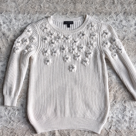 The Limited Sweaters - The Limited Embellished White Crewneck Sweater